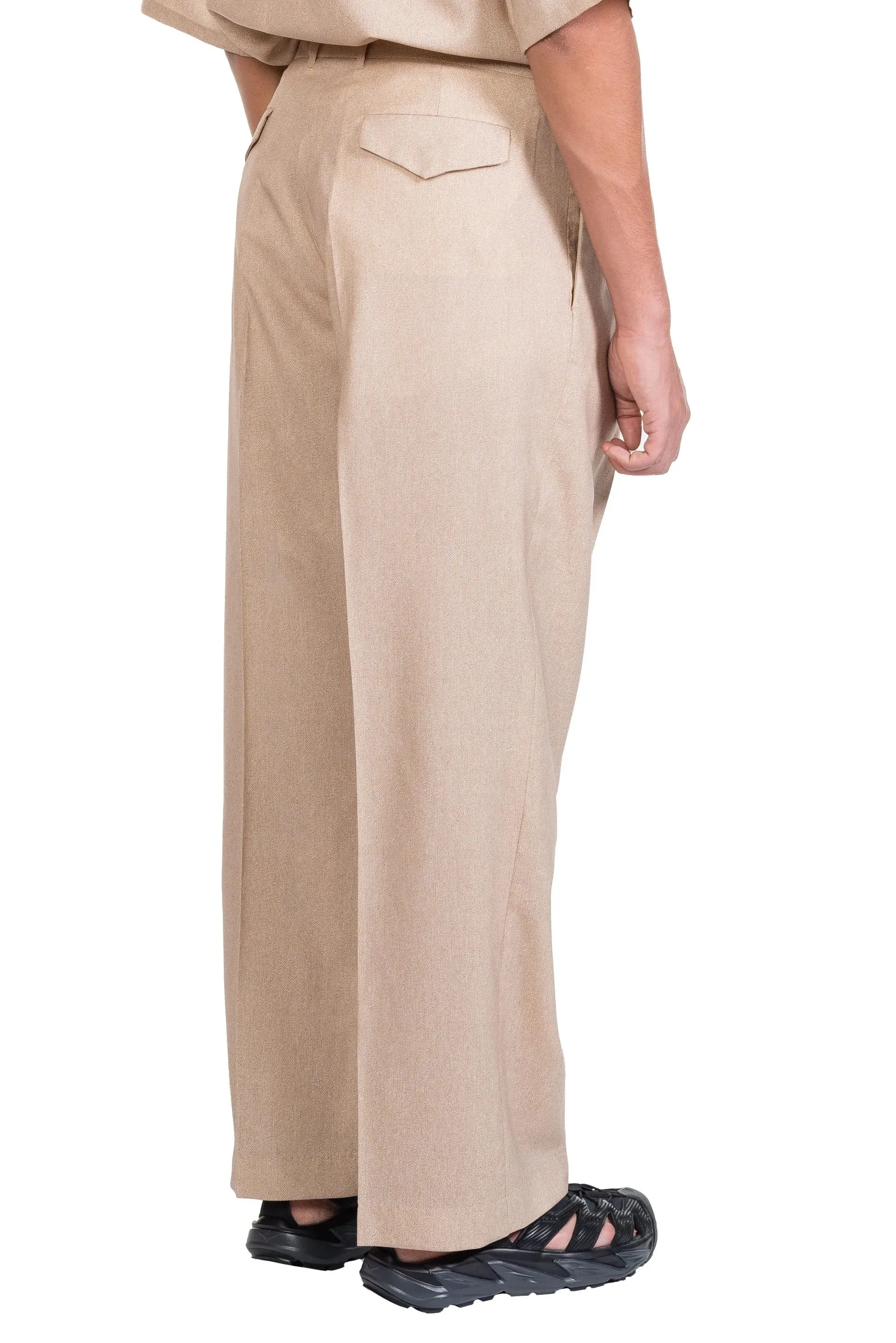 Beige Printed Wool Long Wide Pants