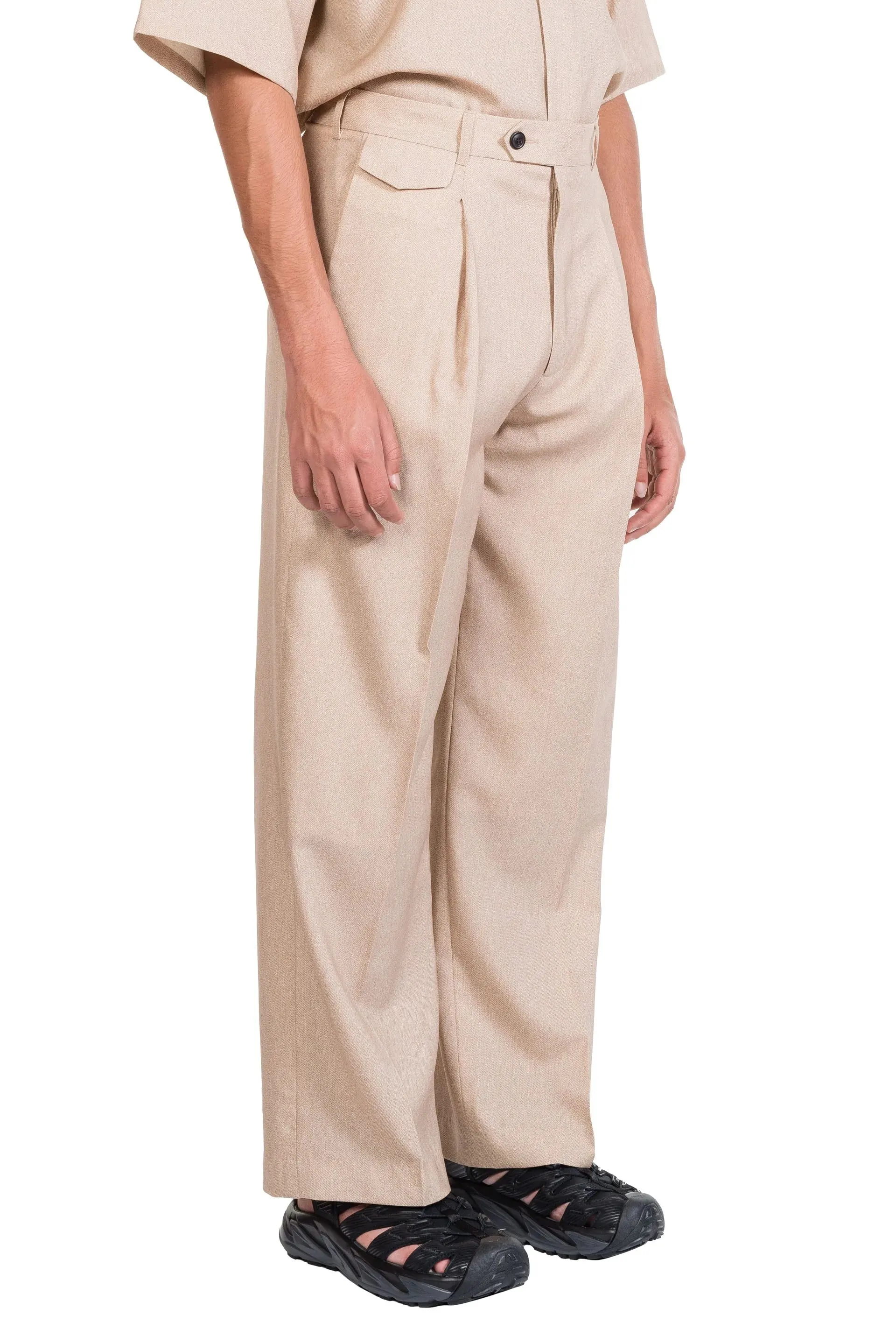 Beige Printed Wool Long Wide Pants