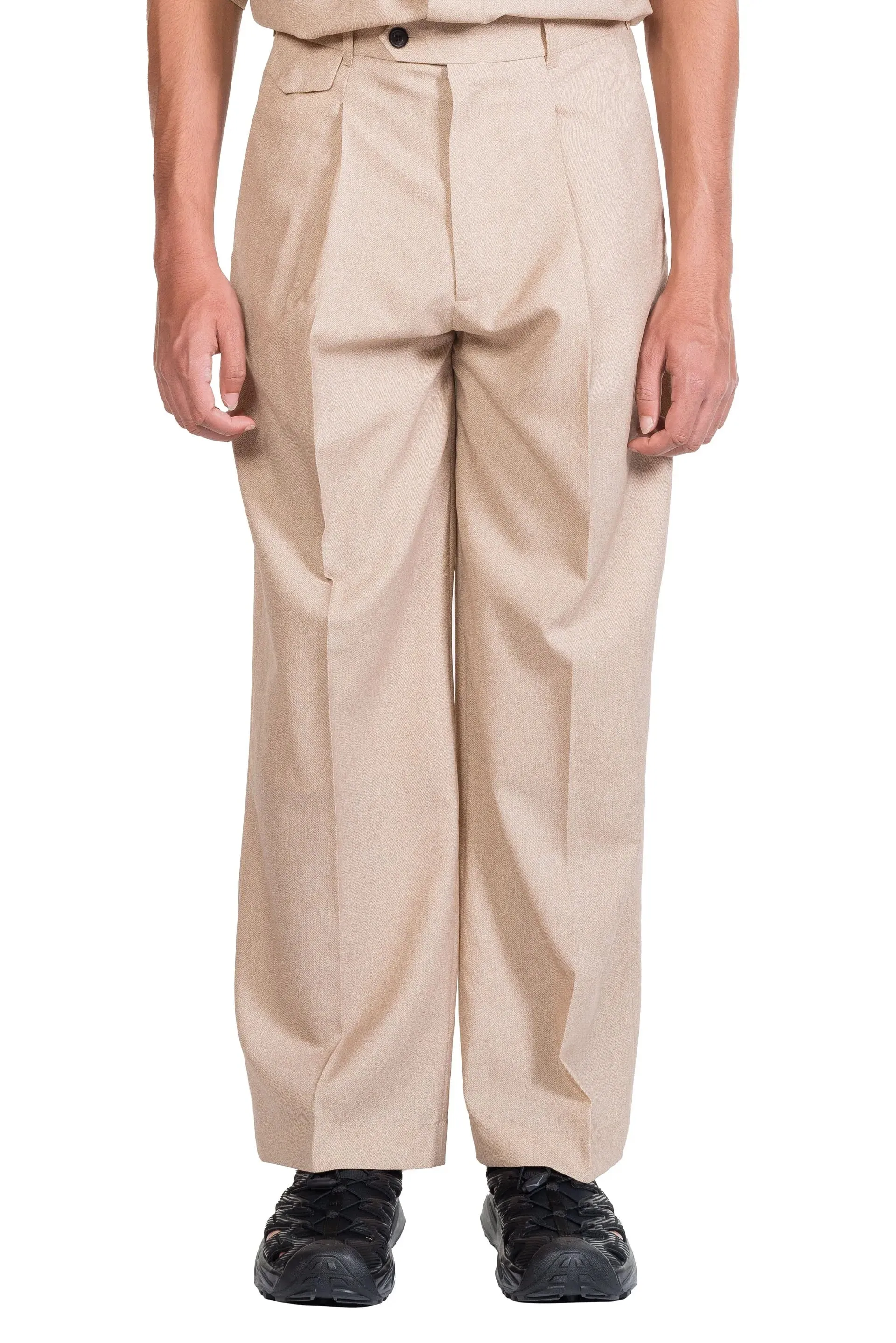 Beige Printed Wool Long Wide Pants