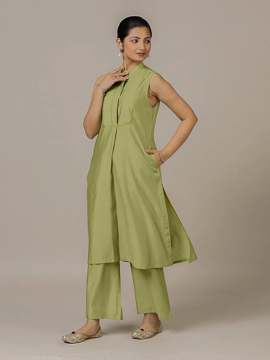 Eira x Rozaana | A Line Kurta w/ Mandarin Collar in Pista Green | Coords or Only Kurta