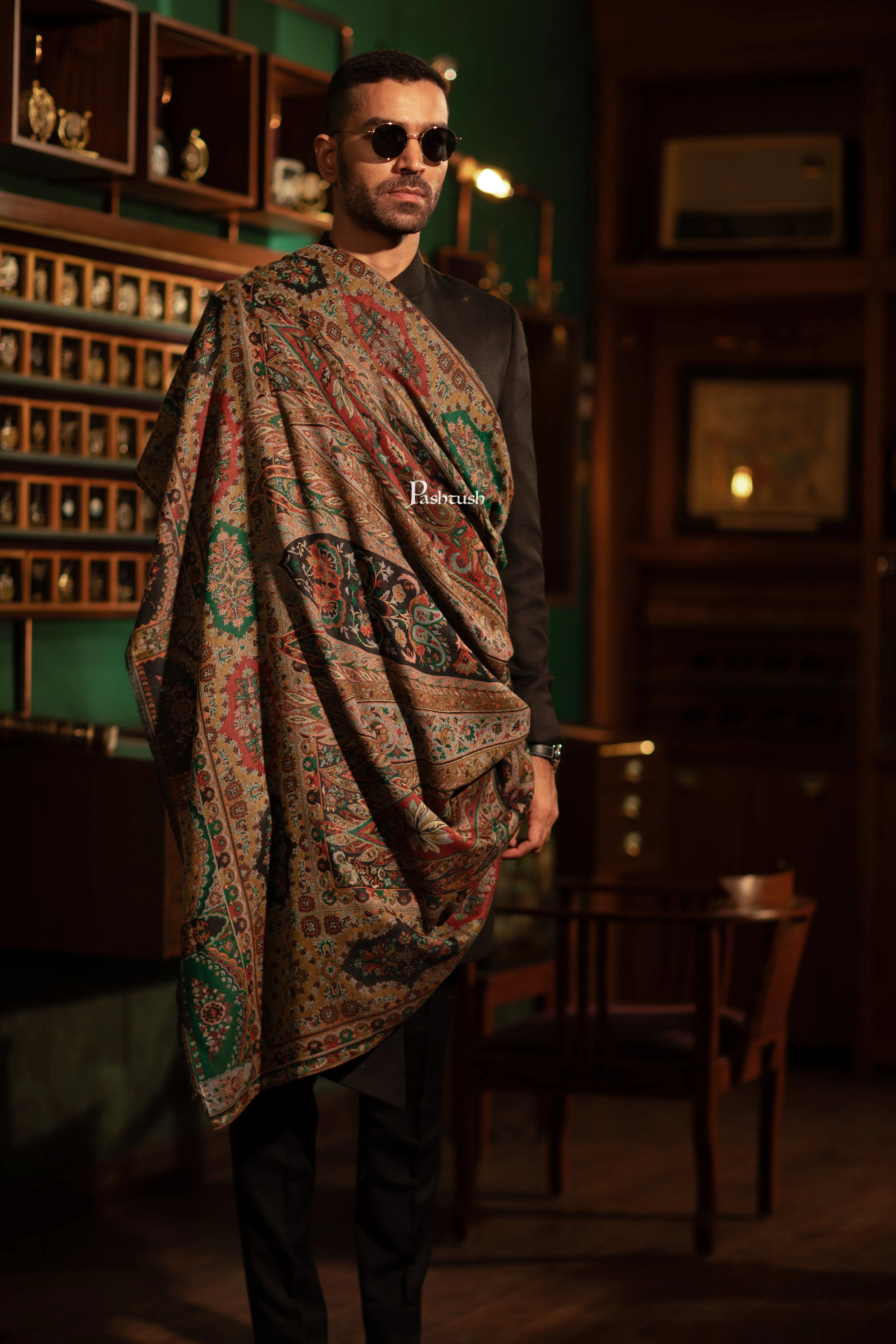 Pashtush Mens Extra Fine Wool Shawl, Ethnic Weave Design, Black