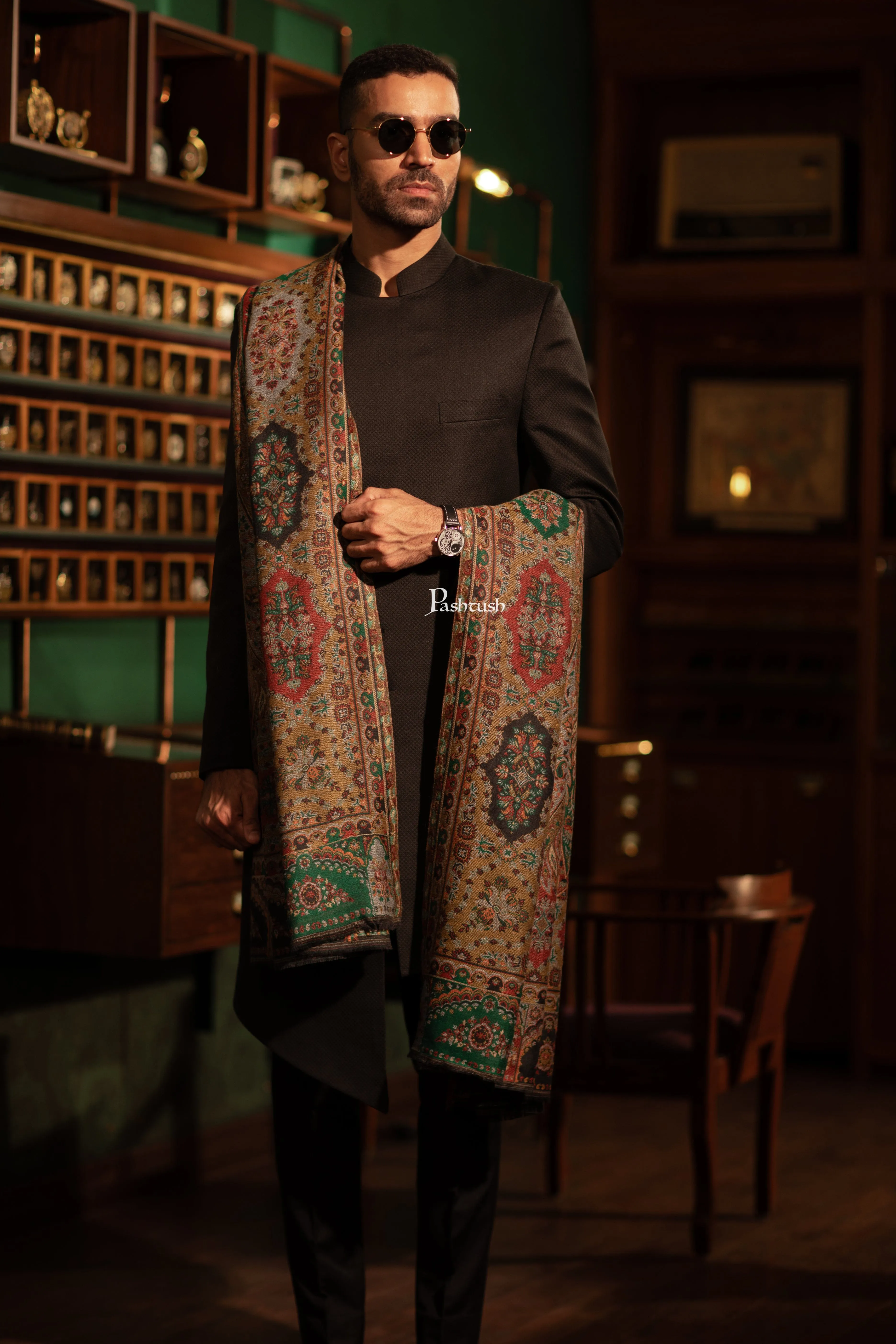 Pashtush Mens Extra Fine Wool Shawl, Ethnic Weave Design, Black