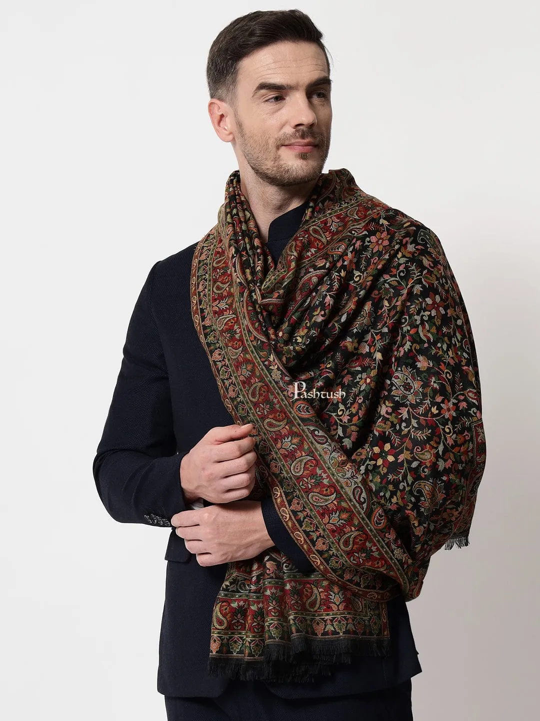 Pashtush mens faux pashmina stole, ethnic weave design, Multicolour