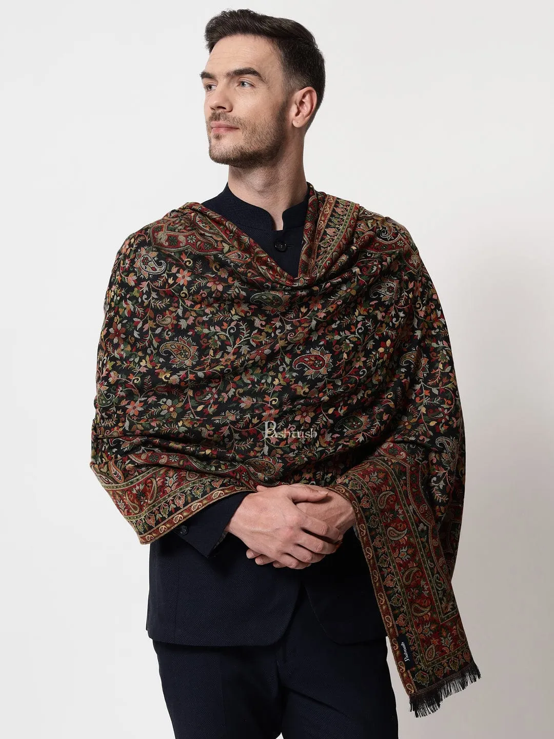 Pashtush mens faux pashmina stole, ethnic weave design, Multicolour