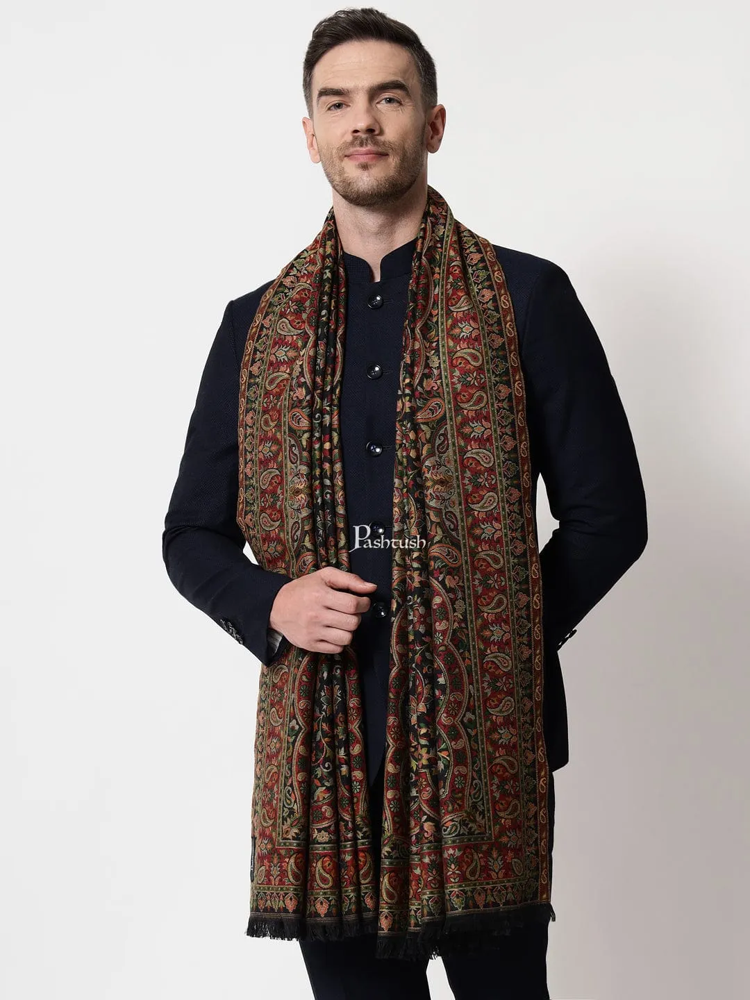 Pashtush mens faux pashmina stole, ethnic weave design, Multicolour
