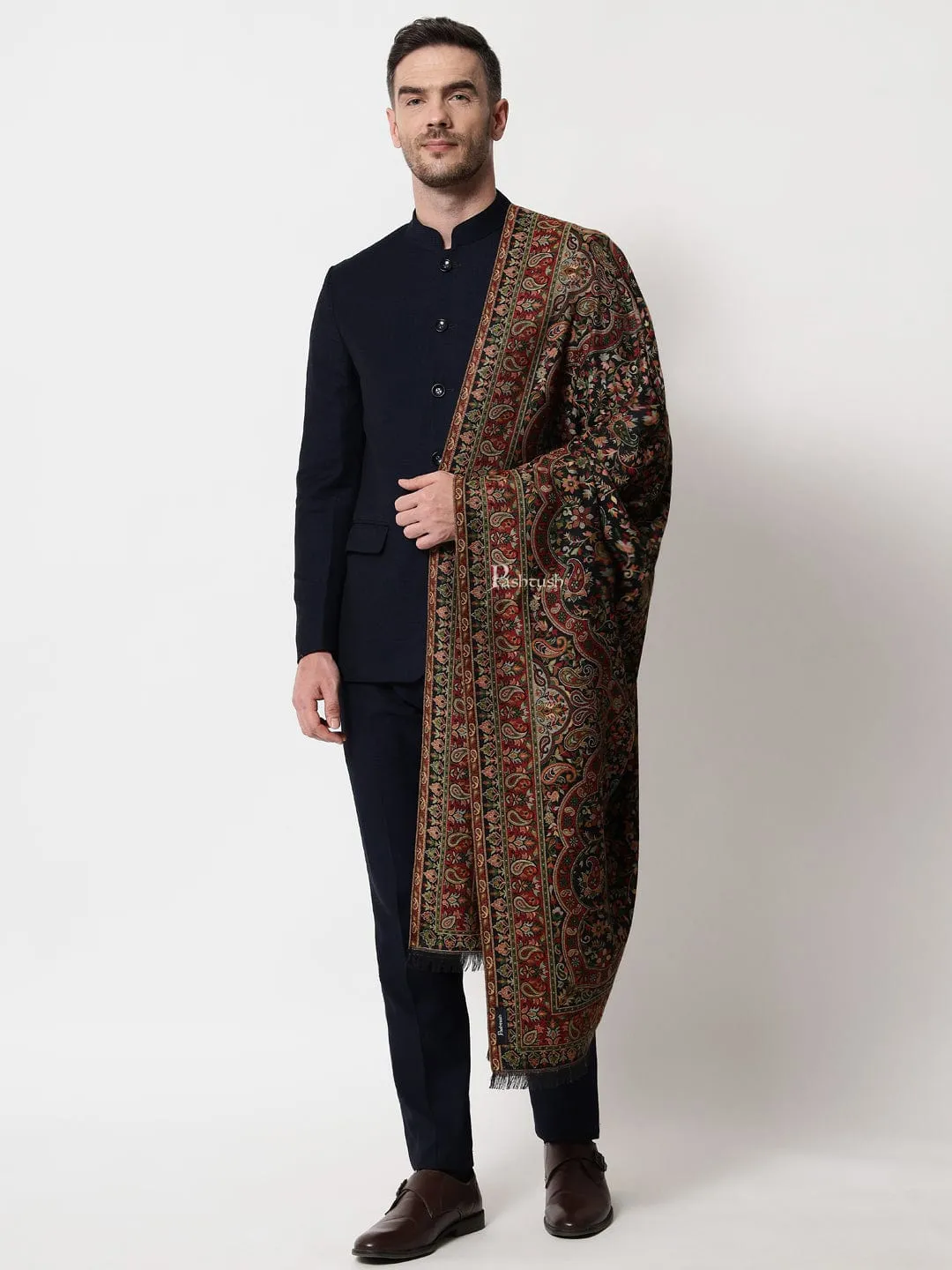 Pashtush mens faux pashmina stole, ethnic weave design, Multicolour