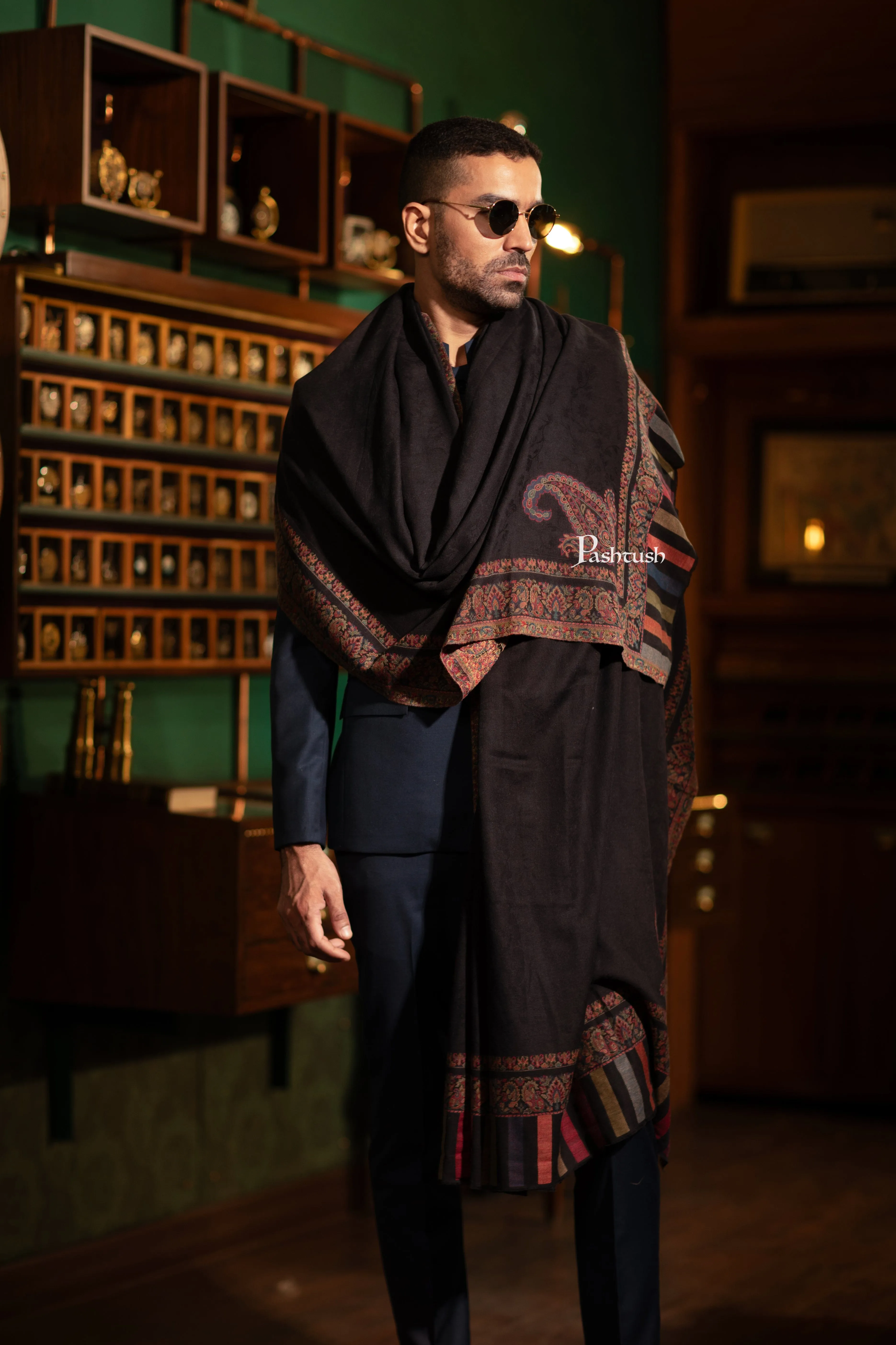 Pashtush Mens Fine Wool Shawl, Ethnic Weave, Woven  Design, Black
