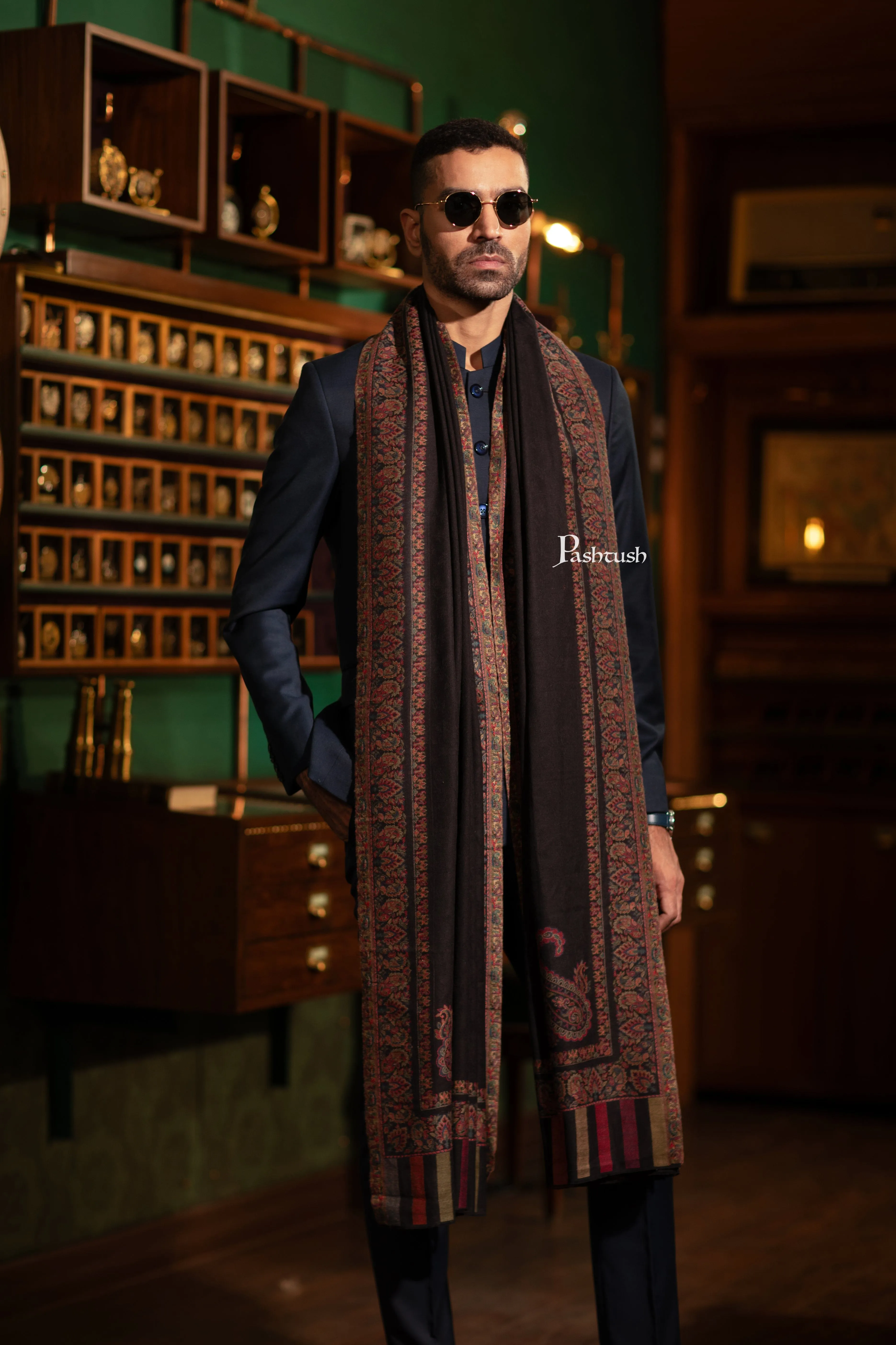 Pashtush Mens Fine Wool Shawl, Ethnic Weave, Woven  Design, Black