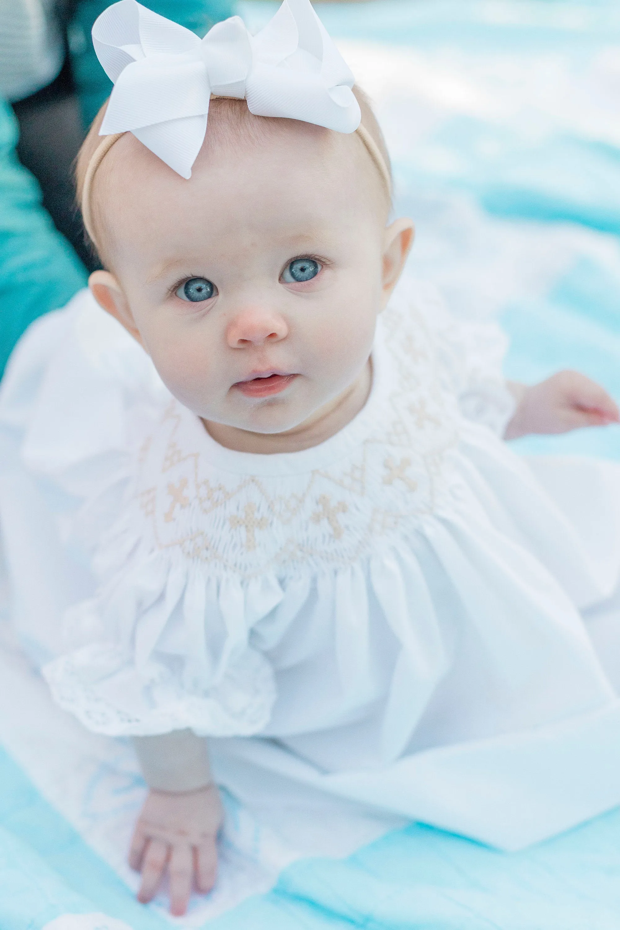 White Smocked Cross Bishop Dress - White with Cream crosses