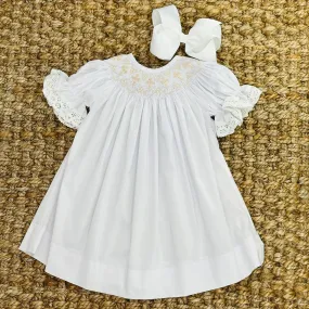 White Smocked Cross Bishop Dress - White with Cream crosses