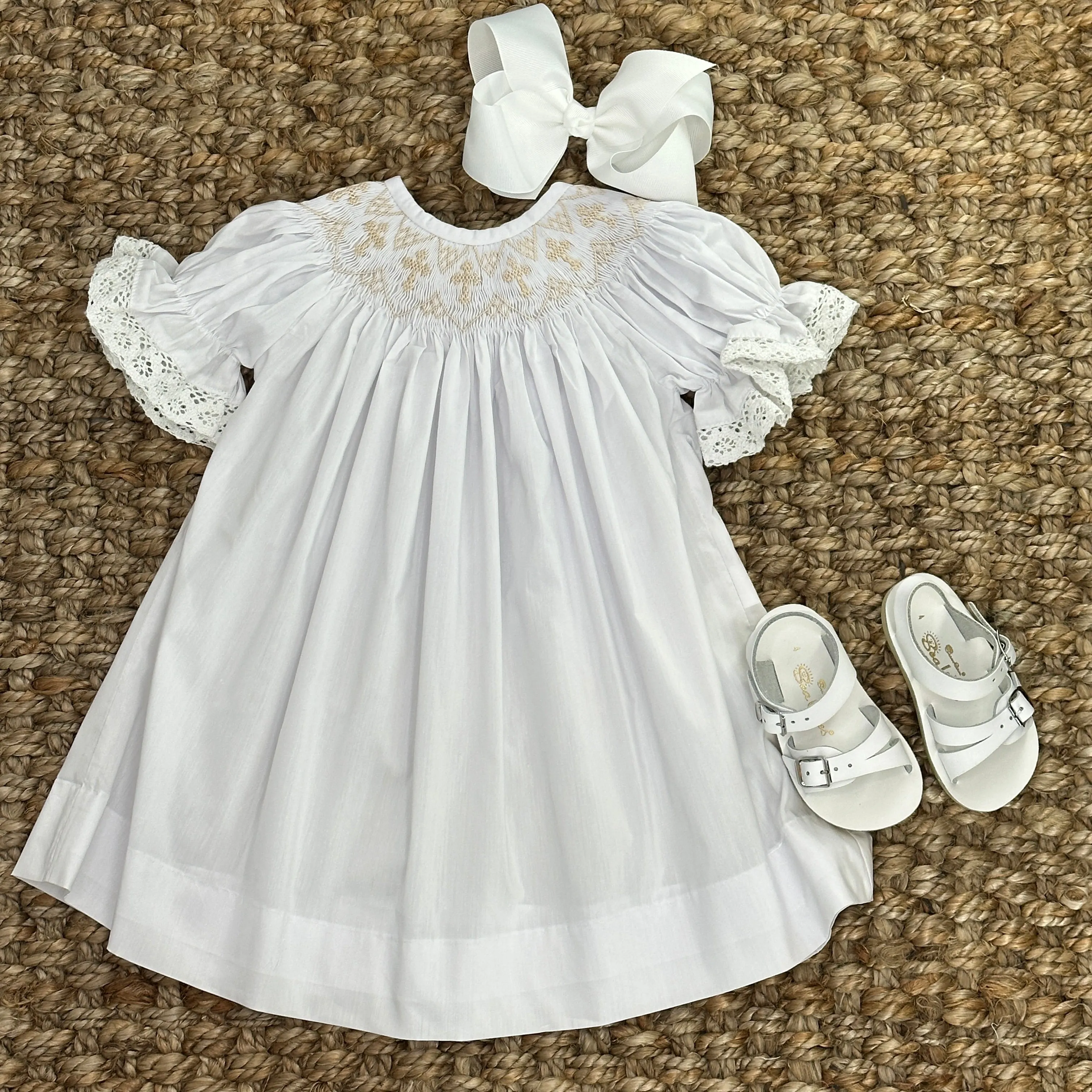 White Smocked Cross Bishop Dress - White with Cream crosses
