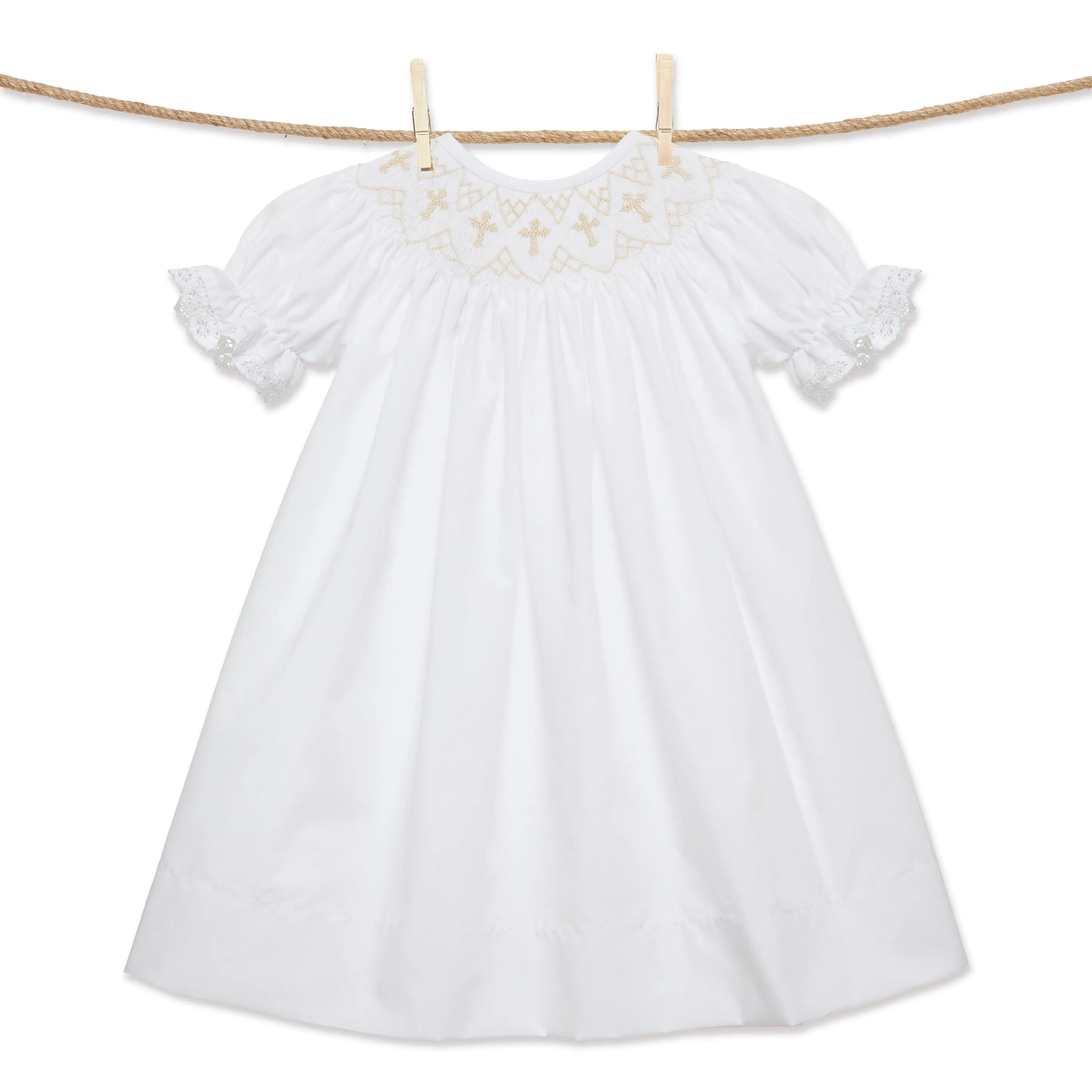 White Smocked Cross Bishop Dress - White with Cream crosses