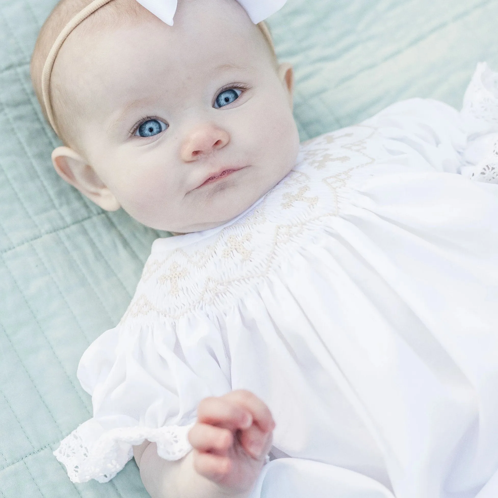 White Smocked Cross Bishop Dress - White with Cream crosses