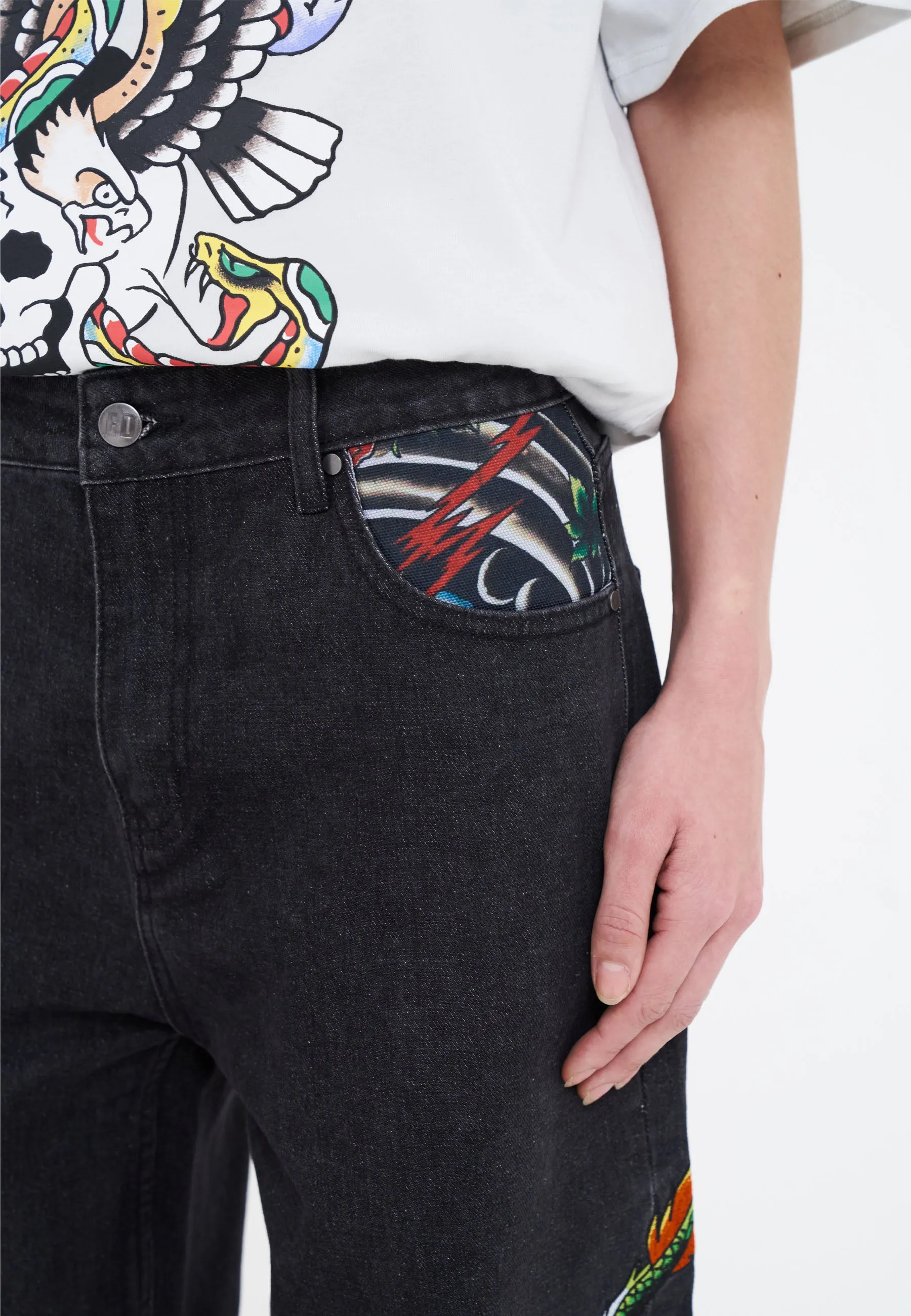 Womens Crawling Dragon Relaxed Fit Denim Trousers Jeans - Black