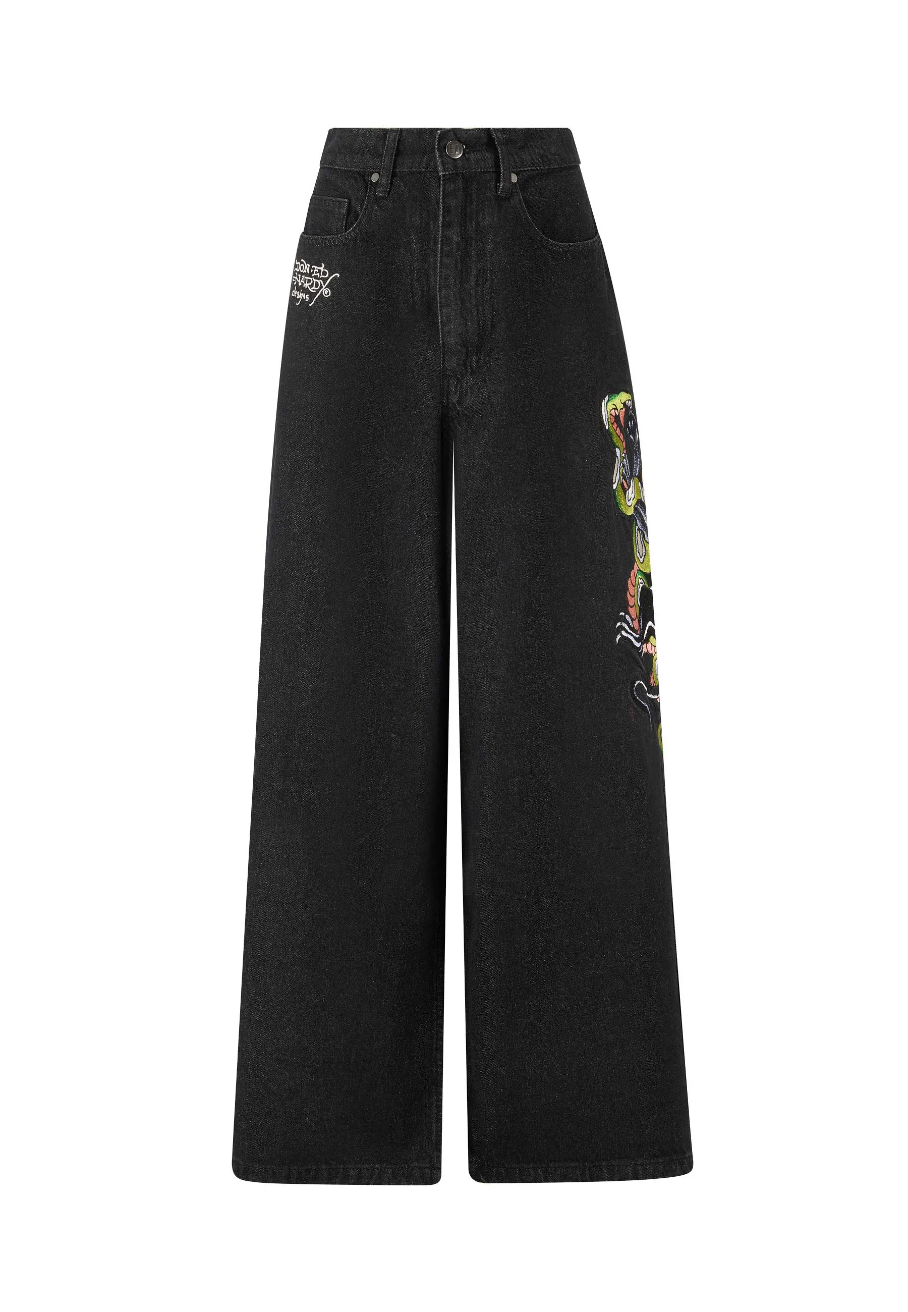 Womens Panther Battle Xtra Oversized Denim Trousers Jeans - Black
