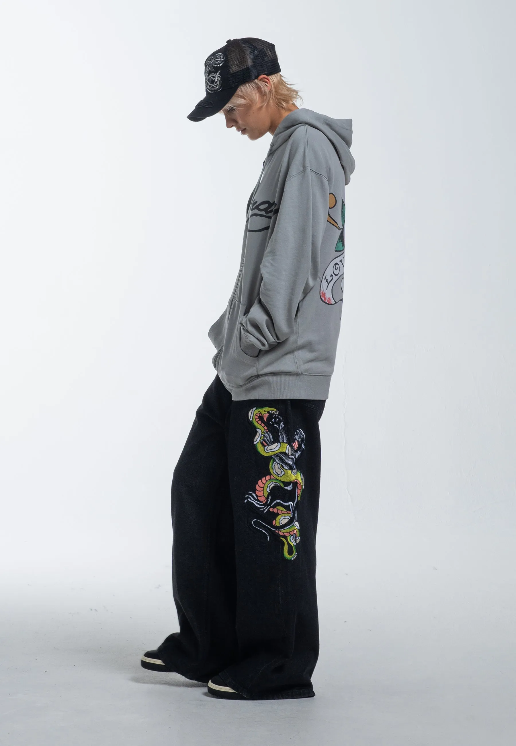 Womens Panther Battle Xtra Oversized Denim Trousers Jeans - Black