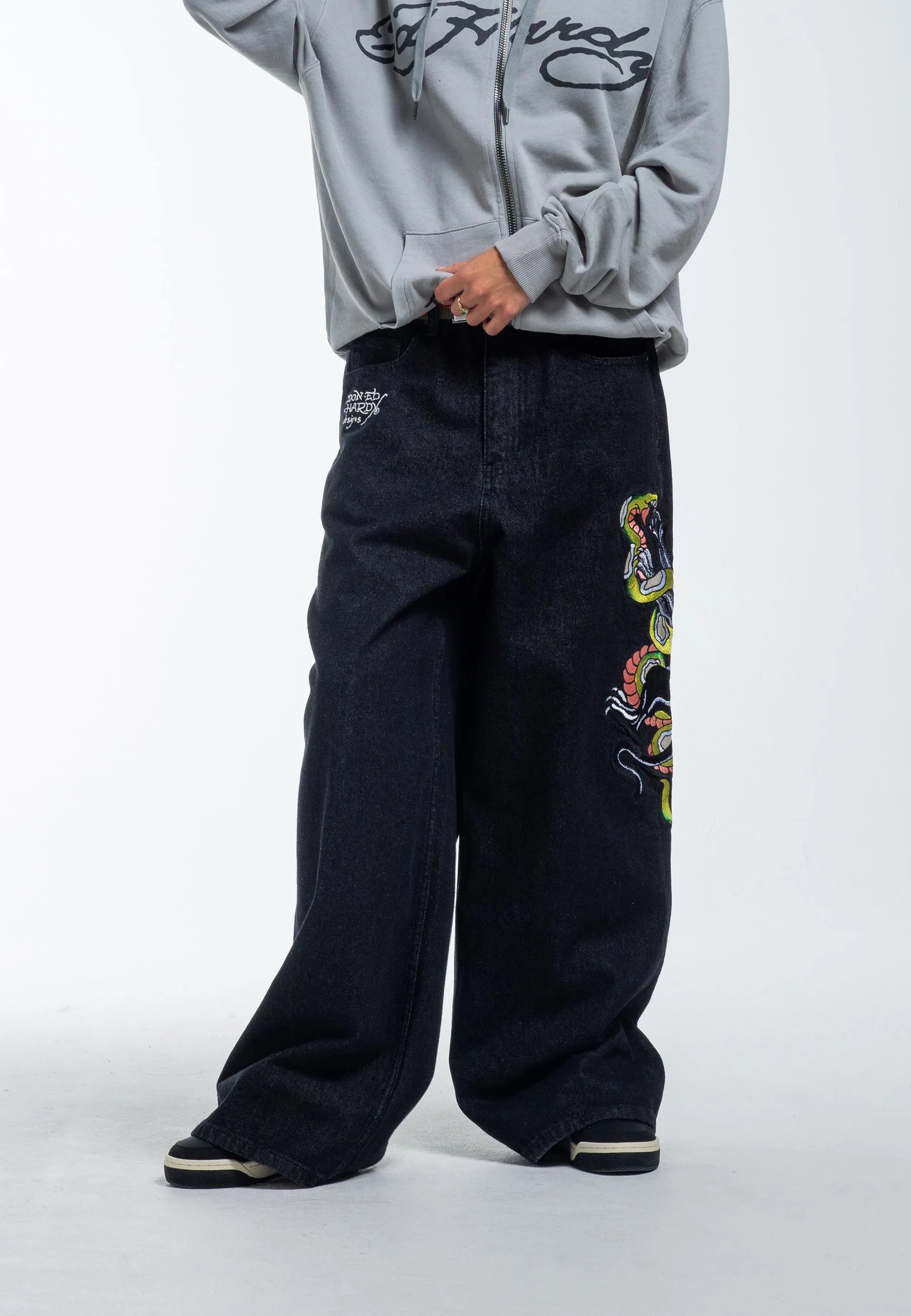 Womens Panther Battle Xtra Oversized Denim Trousers Jeans - Black