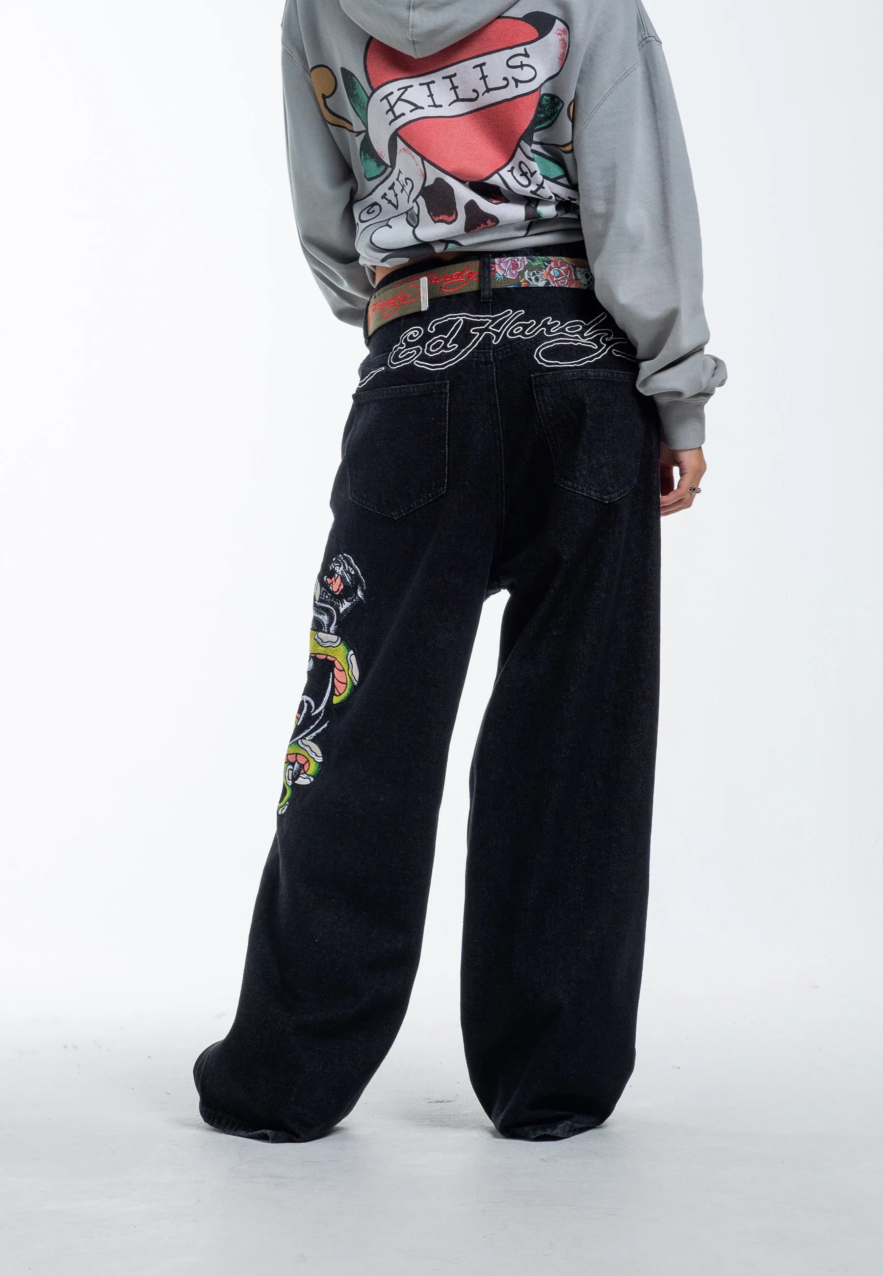 Womens Panther Battle Xtra Oversized Denim Trousers Jeans - Black