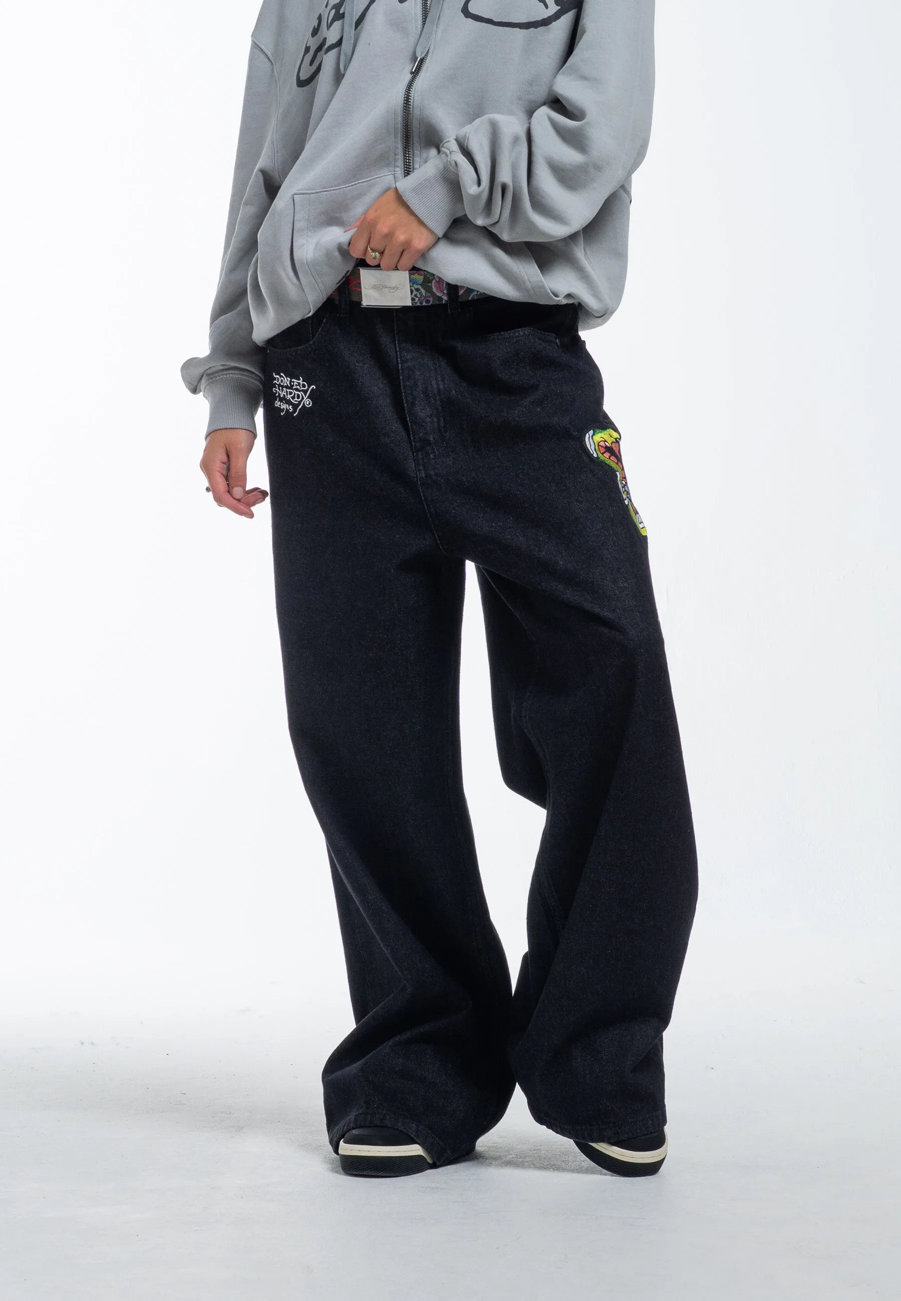 Womens Panther Battle Xtra Oversized Denim Trousers Jeans - Black