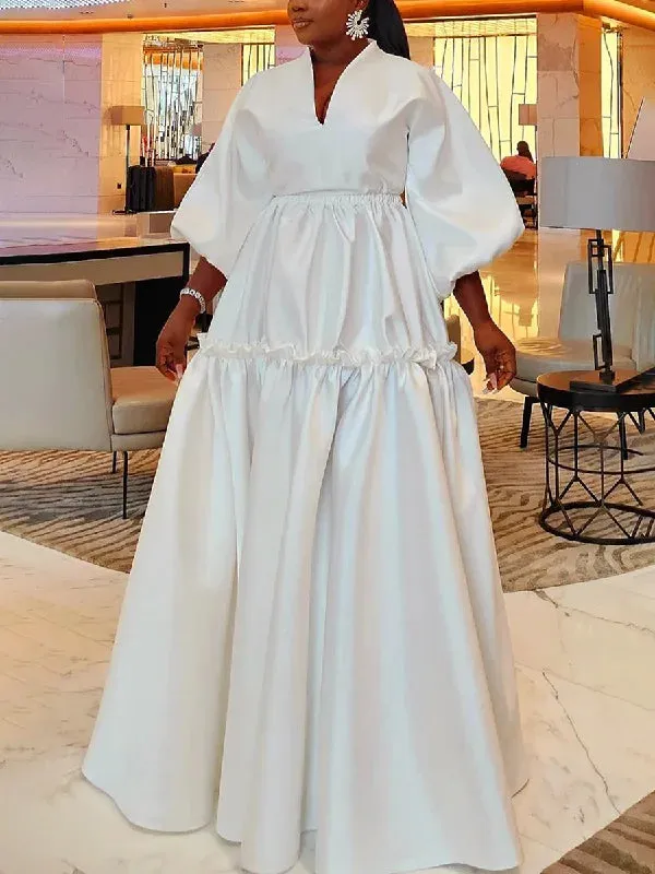 Yeezzi Women Minimalist Solid Color Puff Sleeves Falbala Party Evening Dress 2024 New Spring Autumn Loose Casual Maxi Dresses