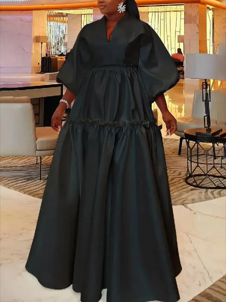 Yeezzi Women Minimalist Solid Color Puff Sleeves Falbala Party Evening Dress 2024 New Spring Autumn Loose Casual Maxi Dresses