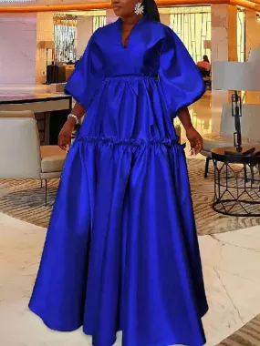 Yeezzi Women Minimalist Solid Color Puff Sleeves Falbala Party Evening Dress 2024 New Spring Autumn Loose Casual Maxi Dresses