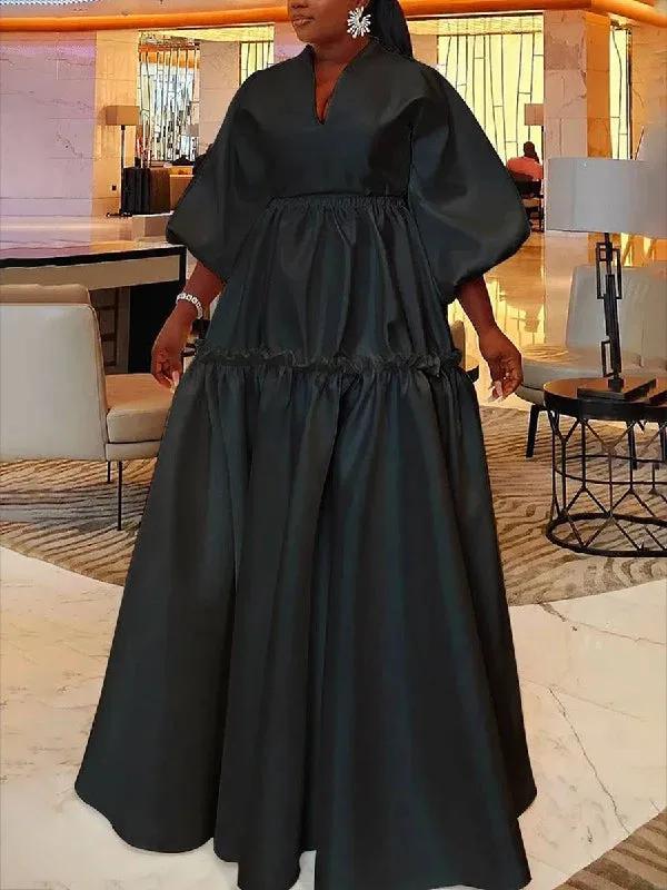 Yeezzi Women Minimalist Solid Color Puff Sleeves Falbala Party Evening Dress 2024 New Spring Autumn Loose Casual Maxi Dresses