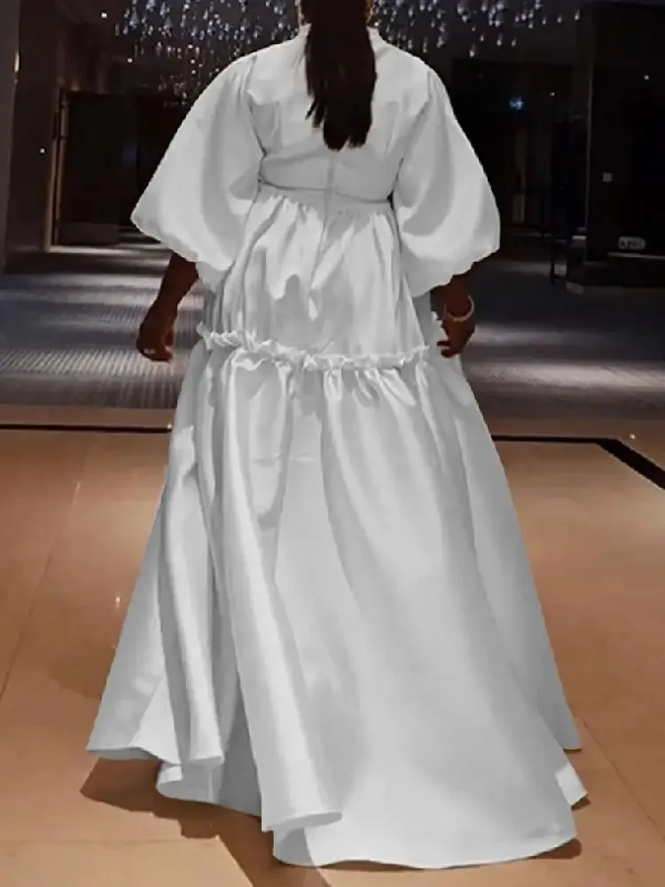 Yeezzi Women Minimalist Solid Color Puff Sleeves Falbala Party Evening Dress 2024 New Spring Autumn Loose Casual Maxi Dresses