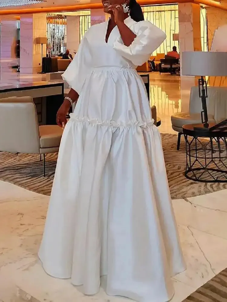Yeezzi Women Minimalist Solid Color Puff Sleeves Falbala Party Evening Dress 2024 New Spring Autumn Loose Casual Maxi Dresses