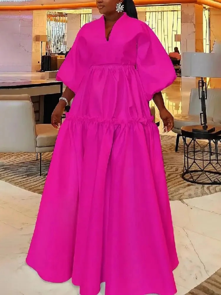 Yeezzi Women Minimalist Solid Color Puff Sleeves Falbala Party Evening Dress 2024 New Spring Autumn Loose Casual Maxi Dresses